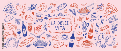 Crayon or brush drawn doodle sketch Italian brunch clipart set. Hand drawn food ink illustration with poster template. Doodle sketch whimsical mediterranean brunch, picnic or dinner illustration.