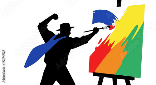 Silhouette Artist Passionately Painting Abstract Rainbow Colors on Canvas