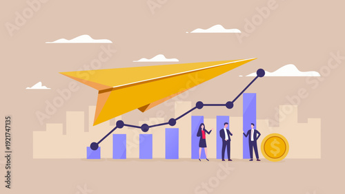 Business professionals analyzing growth chart with paper airplane
