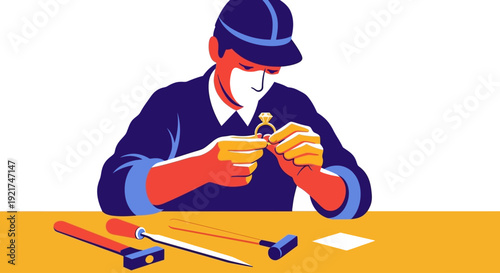 Skilled Jeweler Crafting or Inspecting Diamond Ring in Workshop Illustration