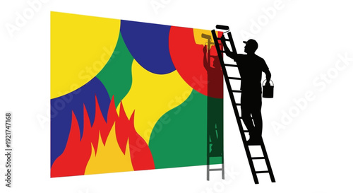 Silhouette of Painter on Ladder Applying Colorful Abstract Mural to White Wall