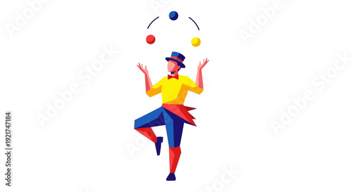 Vector Illustration of a Juggler Performing Tricks with Three Colorful Balls on White Background