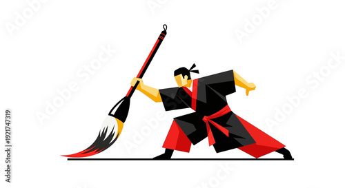 Stylized Warrior Master with Giant Calligraphy Brush in Dynamic Stance