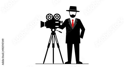 Iconic Filmmaker with Vintage Movie Camera on Tripod Director Vector Art