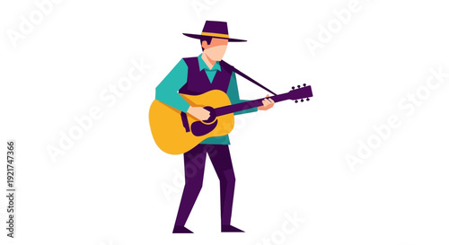 Musician Playing Acoustic Guitar Isolated on White Background Folk Singer Illustration