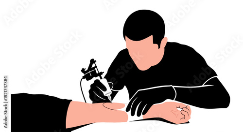 Tattoo Artist Applying Ink to Client s Arm with Modern Rotary Machine Vector Illustration