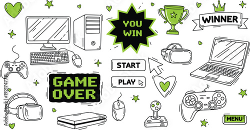 Gaming Doodle Elements Set with Console Controller VR Headset Computer and Game UI Hand Drawn Vector Illustration