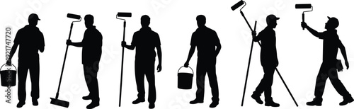 Silhouettes of people painting walls with rollers and holding buckets in various poses