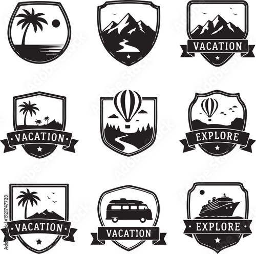 Collection of blackandwhite travelthemed badge icons isolated on transparent background
