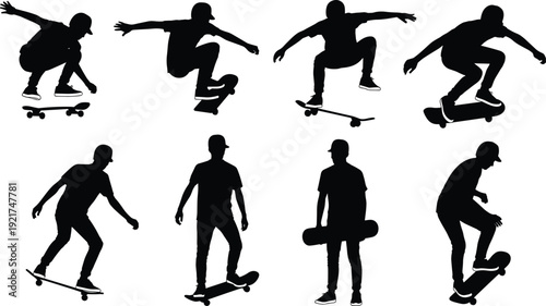 Silhouettes of skateboarders performing various tricks and stances on skateboards against a white background