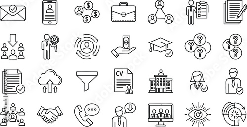 Human Resources and Recruitment Icon Set with CV Resume, Interview, Teamwork, Communication, and Hiring Process Line Symbols