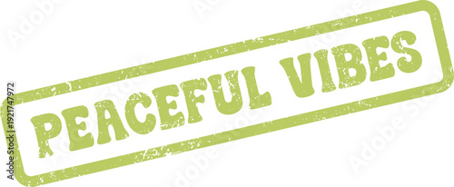 Grungy light green stamp impression presenting the phrase PEACEFUL VIBES for creating serene and relaxing moods