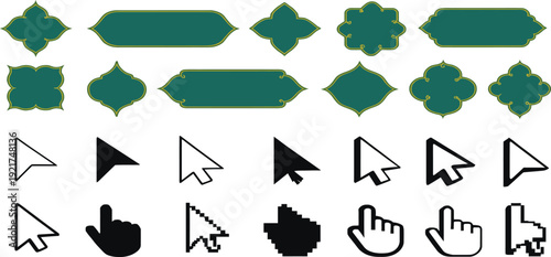 A professional black vector illustration collection featuring a comprehensive set of geometric shapes and arrows designed as minimal web icons and direction symbols for a modern business interface