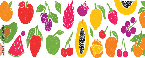 Seamless floral pattern with a colorful vector set of fresh red tomato, green apple, and healthy vegetarian vegetables isolated on white