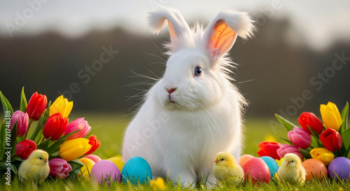 A fluffy white Easter bunny sits serenely in a vibrant green grass field surrounded by colorful eggs, tulips, and chicks.