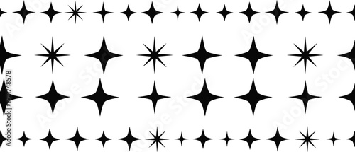 Comprehensive collection of black sparkling star silhouettes featuring various twinkle shapes and light bursts for magical decorative celestial night sky designs