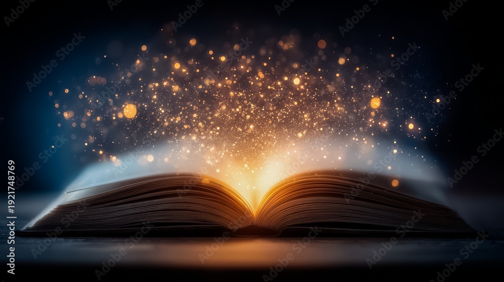 Obraz premium Book is open to a page with a bright light shining on it. The light is creating a glowing effect around the book