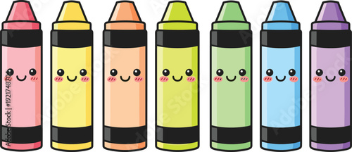 Set of seven colorful cute kawaii crayon characters with happy smiling faces in rainbow colors for kids education back to school and school supplies