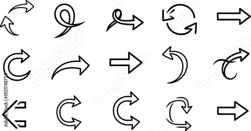 Arrow Icon Set with Curved, Circular, Loop, Refresh, and Directional Navigation Symbols for Web Interface and Workflow Design