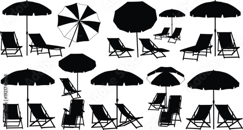 Comprehensive collection of beach furniture silhouettes featuring various deck chairs and sun umbrellas for summer vacation travel and resort design