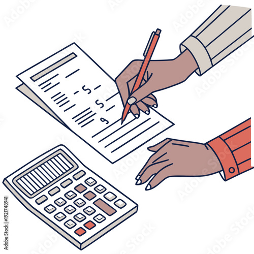 Hands holding pencil and calculator with paperwork