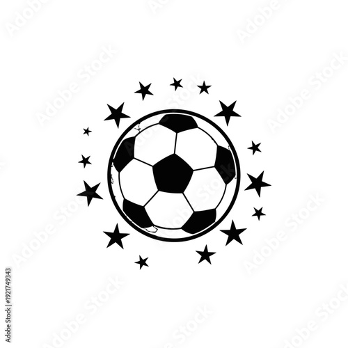 Stylized soccerball emblem with star accents, circular motif, monochrome vector illustration.