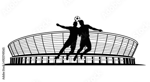 Two silhouetted figures in a large stadium celebrate amid the empty grandstands.
