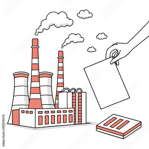 Cartoon factory building with smokestacks and hand holding ballot box