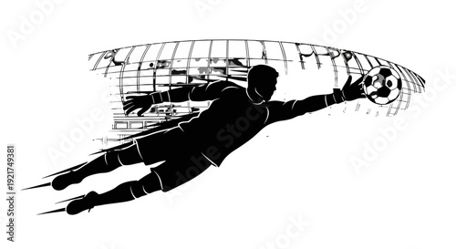 Soccer goalkeeper diving to save a shot against the goal net in action during a match.