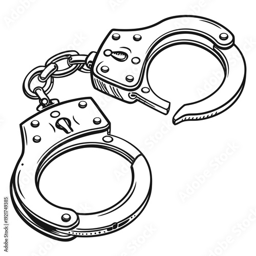 Black and white of metal handcuffs police cuffs prison cuffs