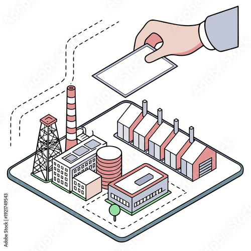 Industrial complex on tablet screen with hand holding card