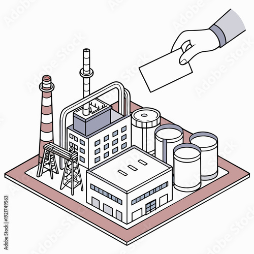 Industrial complex with hand holding card factory building