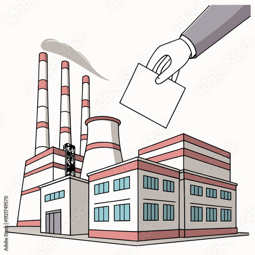 Industrial factory building with smokestacks and hand holding briefcase