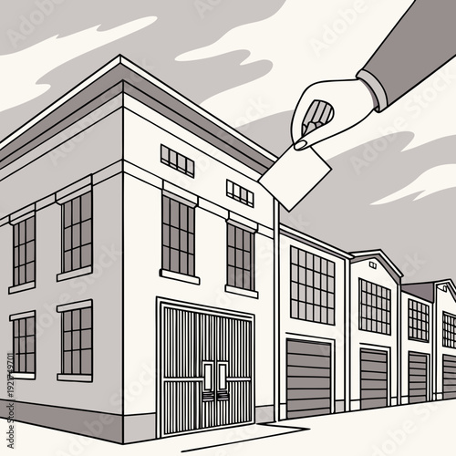 Grayscale of industrial building with hand holding tag