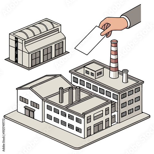 Industrial buildings with hand holding paper factory