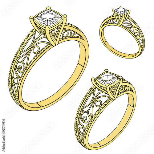 Gold engagement rings with diamond and filigree details