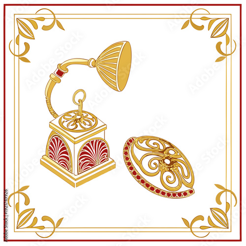 Golden gramophone and ornate jewelry on white background with red and gold border