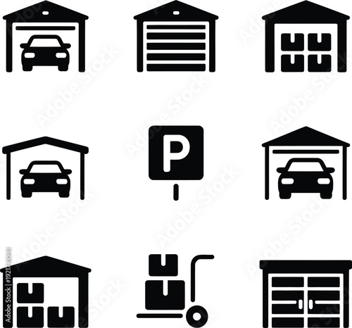 Set of modern garage icons with parking signs and industrial symbols