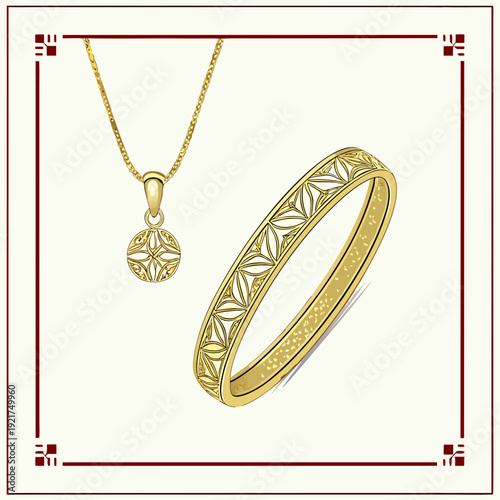 Gold necklace with circular pendant and gold bangle on cream background