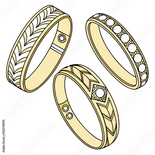 Gold cuff bracelets with white accents and decorative patterns