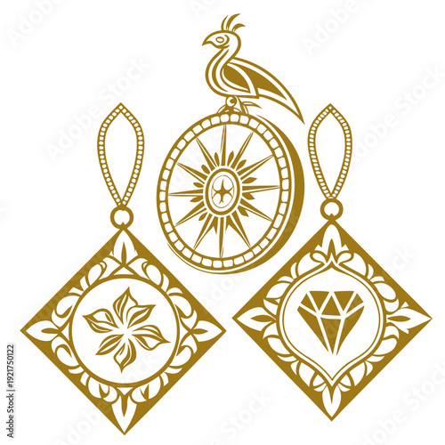 Gold jewelry peacock compass diamond flower pendant earrings