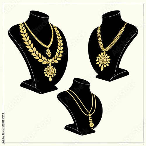 Gold necklaces on black jewelry display stands black display stands