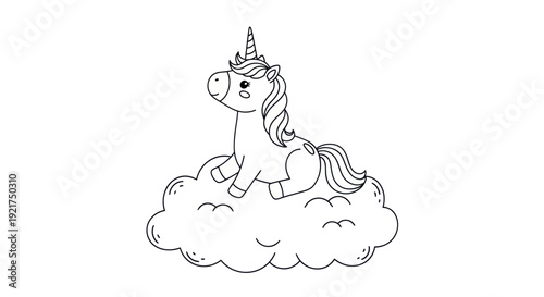 Cute Unicorn Sitting on Cloud, Hand Drawn Line Art Illustration