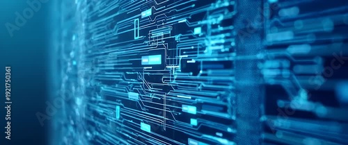 Futuristic digital data streams flow across a glowing interface; the camera slowly pans, revealing intricate network patterns in a cinematic style, ideal for technology and innovation themes.