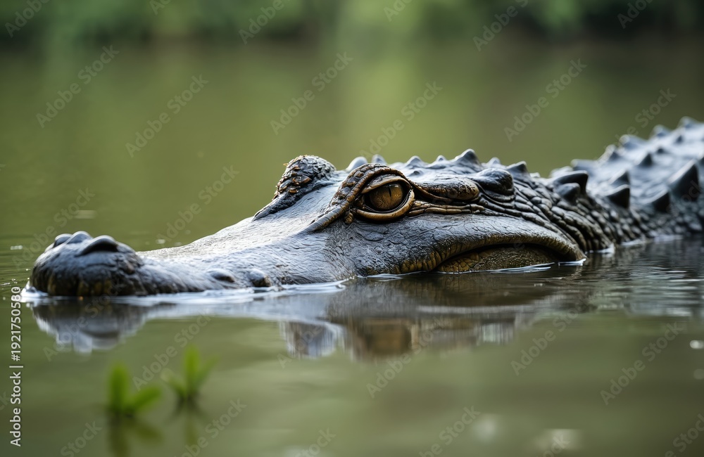 Fototapeta premium American alligator swims in murky water. Reptile shows eye and scales above surface. Its long scaly body stretches into the pond. Dangerous predator lurks.