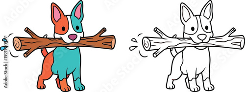 Playful Cartoon Dog Carrying a Stick Fun Illustration for Pet and Nature Themes