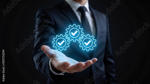 Business process optimization concept with glowing gears and checkmarks in hand,quality management workflow automation and operational efficiency improvement strategy