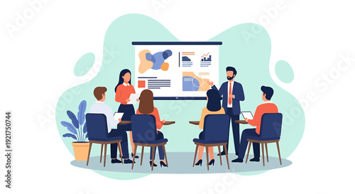 Business meeting presentation with diverse team collaborating.