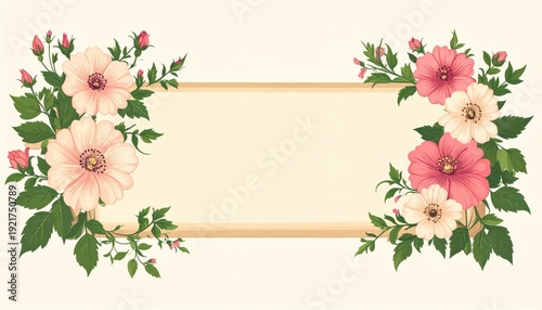 Elegant pink flower frame with lush green leaf decor vibrant border showcasing delicate pink blooms and fresh foliage