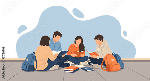 Diverse group of young students studying together outdoors.